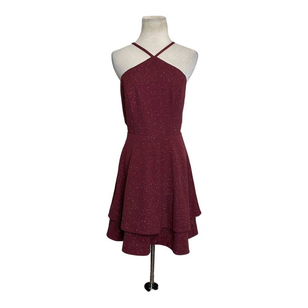 Speechless shimmery red Y neck layered skirt mini dress size M